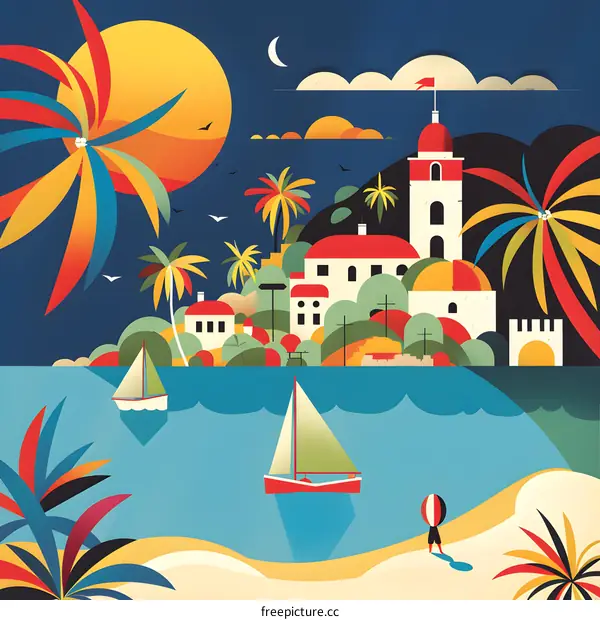 Summer Evening In Tropical Town With Sailboats And Palm Trees