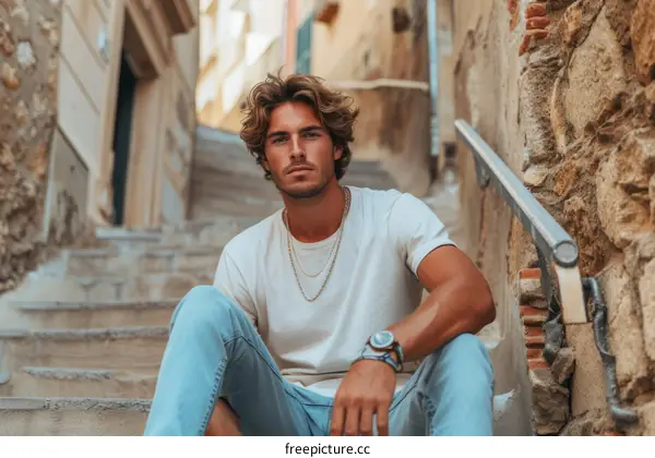 Young man with long blond hair and blue eyes sitting on the steps of a building