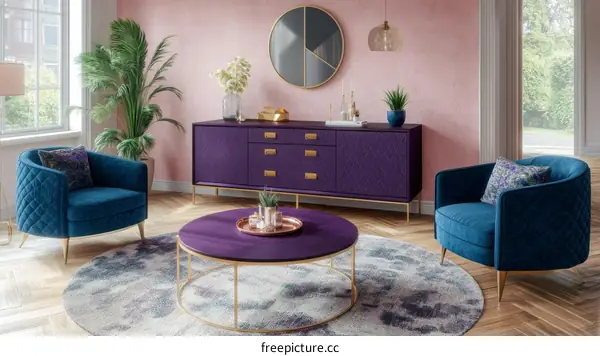 Modern Living Room Interior Design with Purple and Teal Furniture