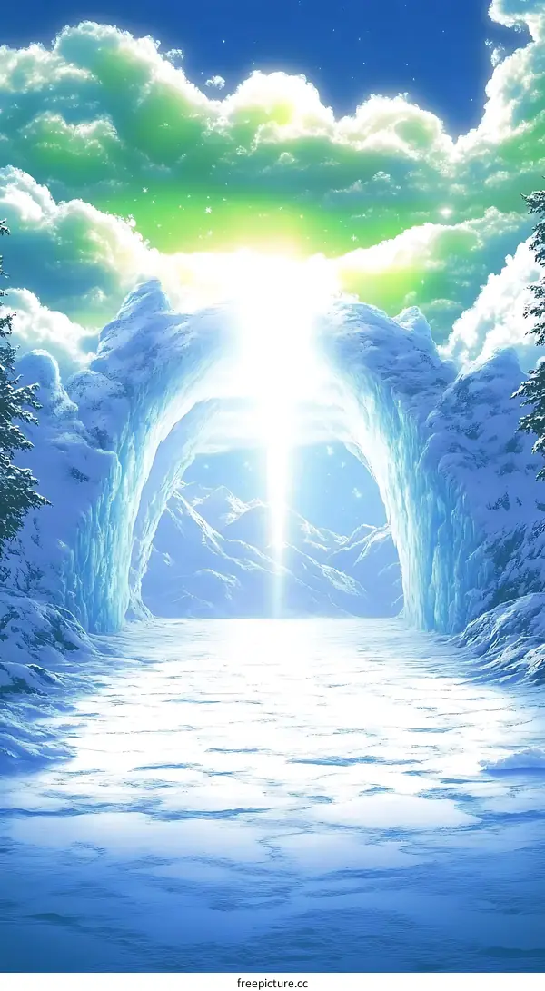 Snowy Mountain Landscape with Light Shining Through Ice Cave