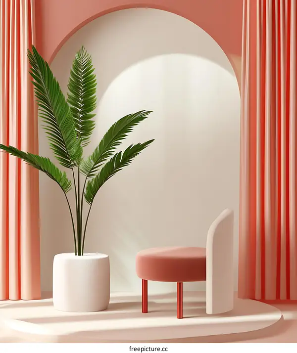 Minimalist Interior Design with Pink Curtains and Palm Tree