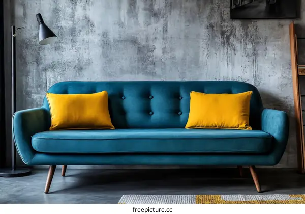 Modern Teal Sofa with Mustard Yellow Cushions