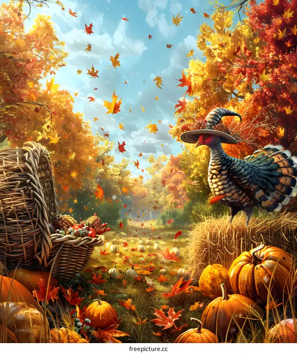 A Thanksgiving cornucopia with a turkey wearing a witch hat stands in a field of pumpkins and gourds.