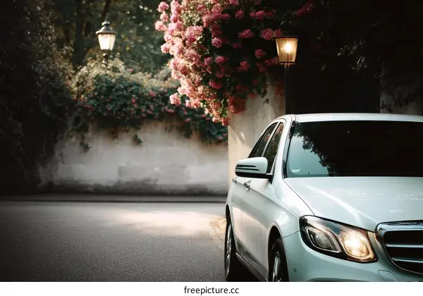 Elegant White Car on a European Street with Blossoms