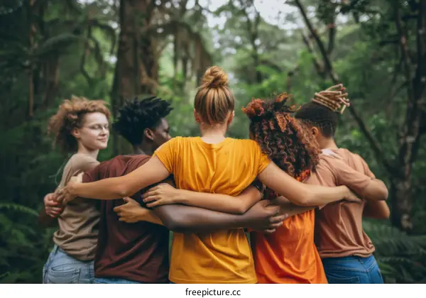 A group of diverse friends embracing in a forest