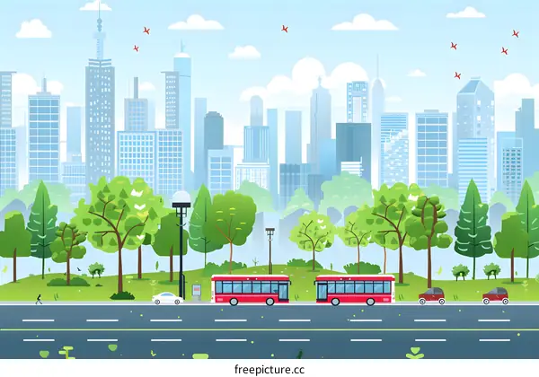 Cityscape With Green Trees and Red Buses