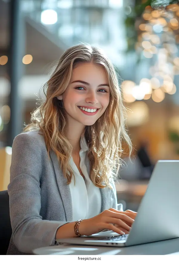 Smiling Woman Working On Laptop In Office