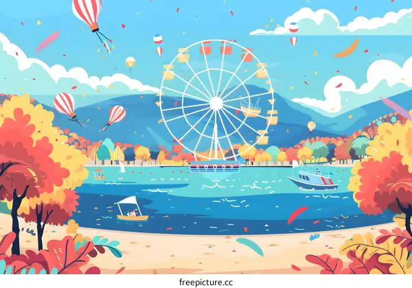Autumn Landscape with Ferris Wheel and Hot Air Balloons