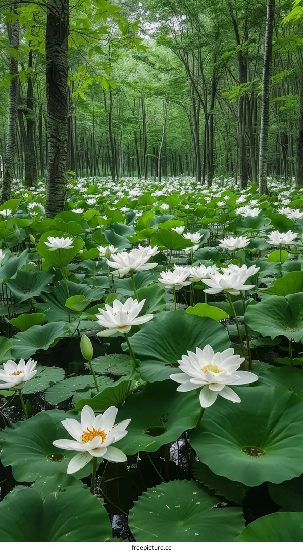 A serene landscape of a lotus pond surrounded by a lush green forest