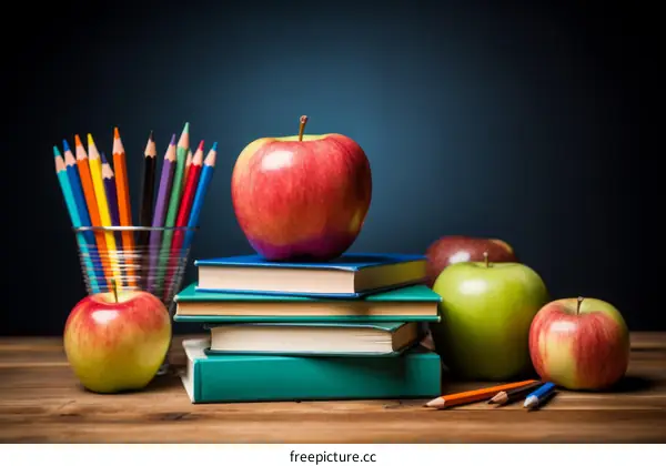 A variety of school supplies are arranged on a wooden table against a dark blue background.