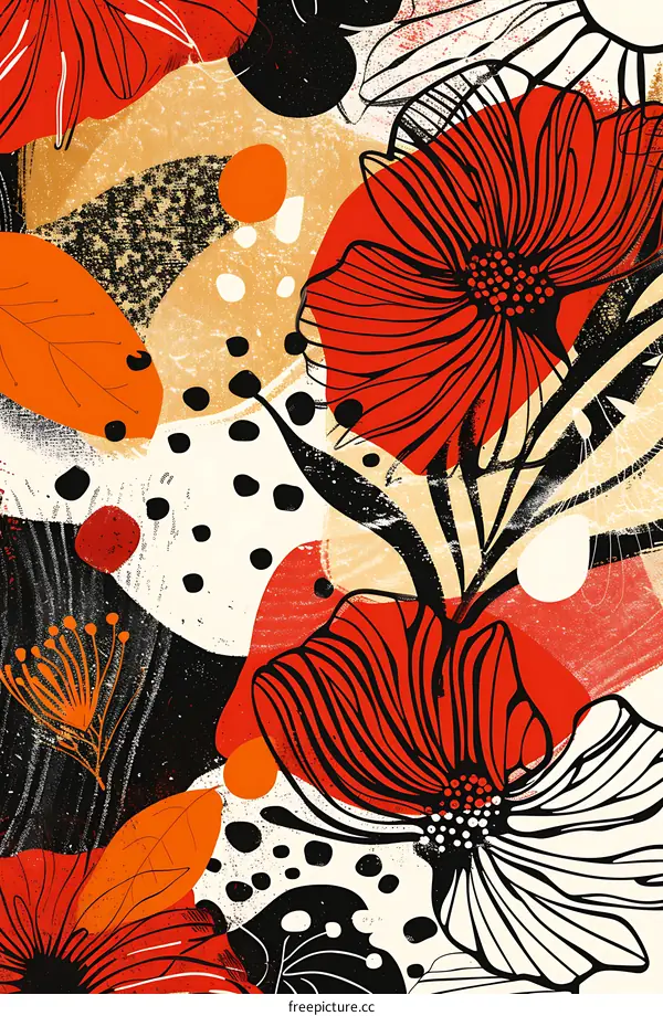 Abstract Floral Art with Red Flowers and Black Lines