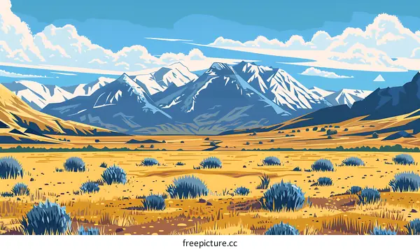 Mountain Landscape Illustration With Blue Sky And Yellow Grass