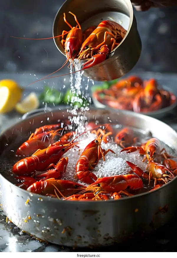 Cooking delicious fresh red crawfish in a pot