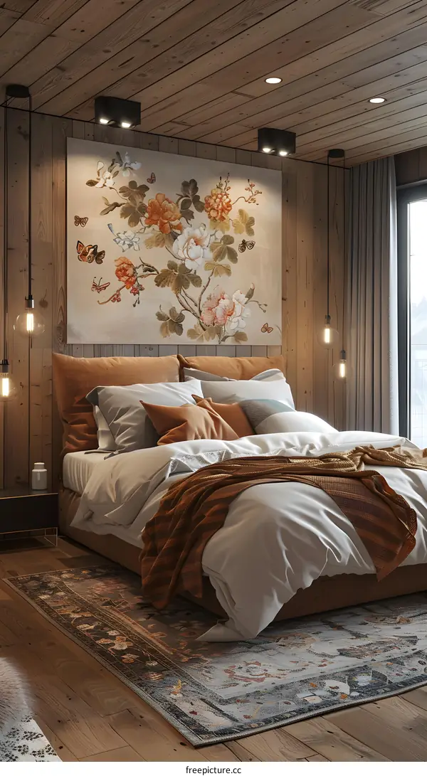 Cozy and modern bedroom with wooden floor