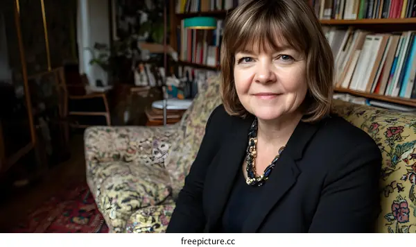Portrait of a Woman in a Living Room with Bookshelf in the Background