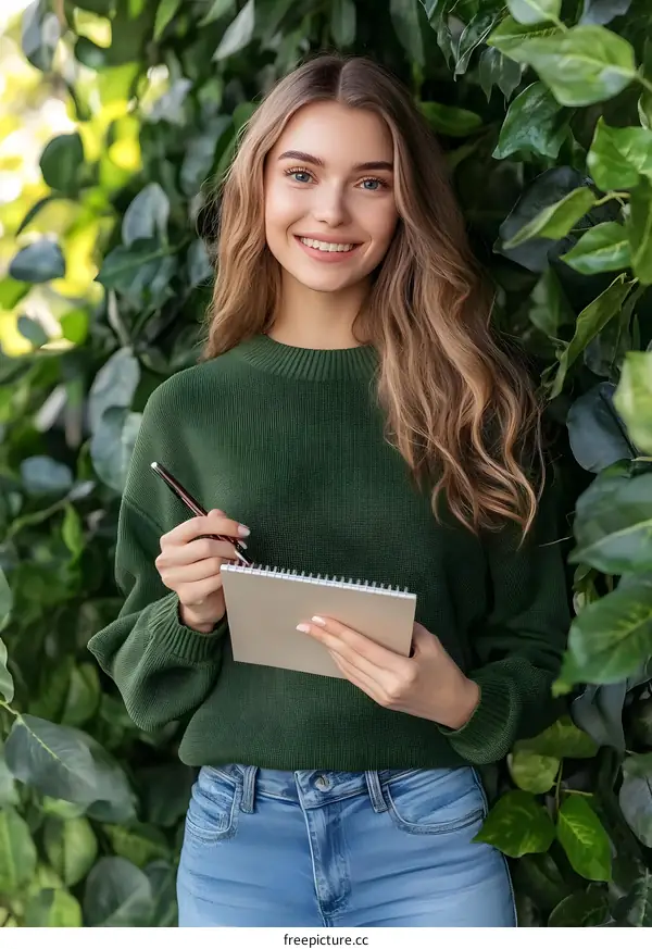 Smiling Young Woman in Green Sweater and Jeans Writing in Notebook in Lush Green Plants