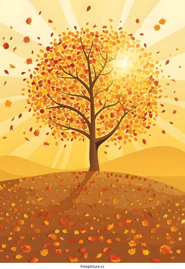 Autumn Tree Landscape with Falling Leaves
