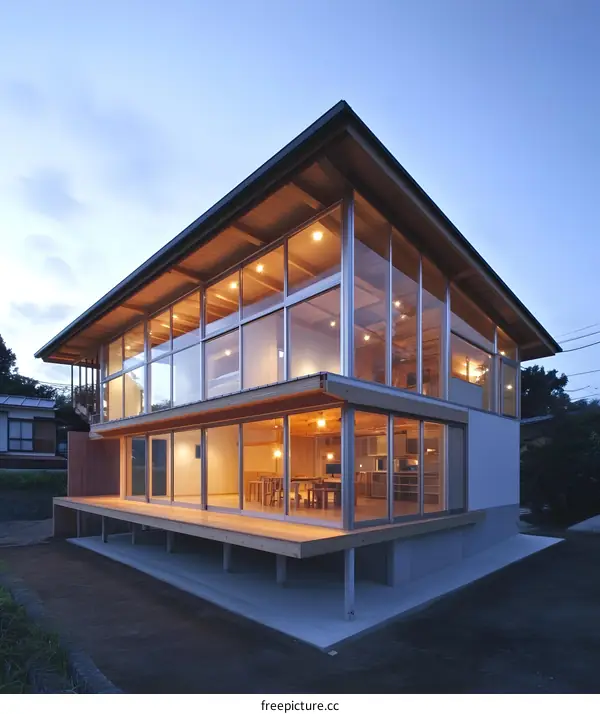 Modern Glass House with Wooden Beams and Deck