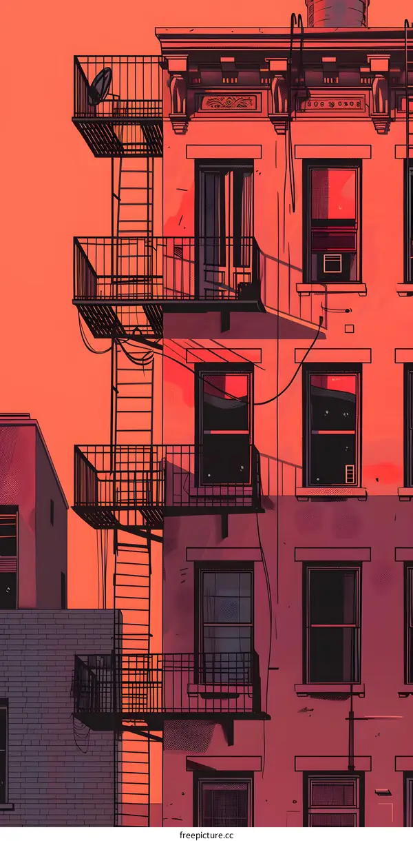 Minimalist Illustration of a City Building with Fire Escape