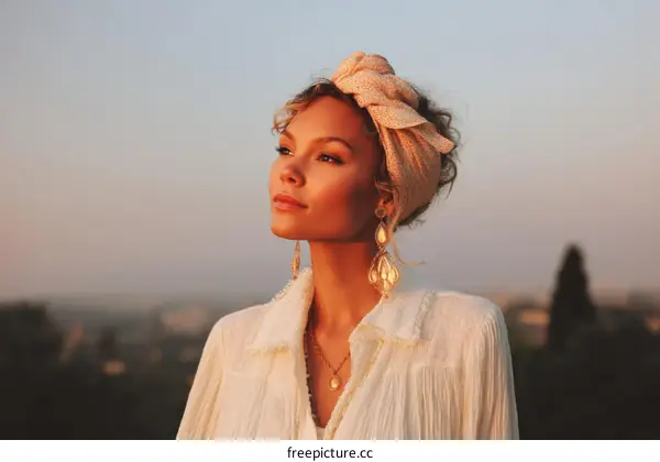Beautiful Woman in a Light Beige Headscarf at Sunset