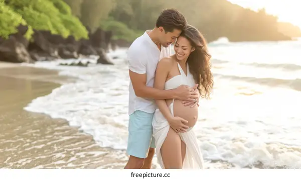 Pregnant woman with her husband on the beach