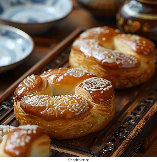 Traditional Chinese Bread on Wooden Tray