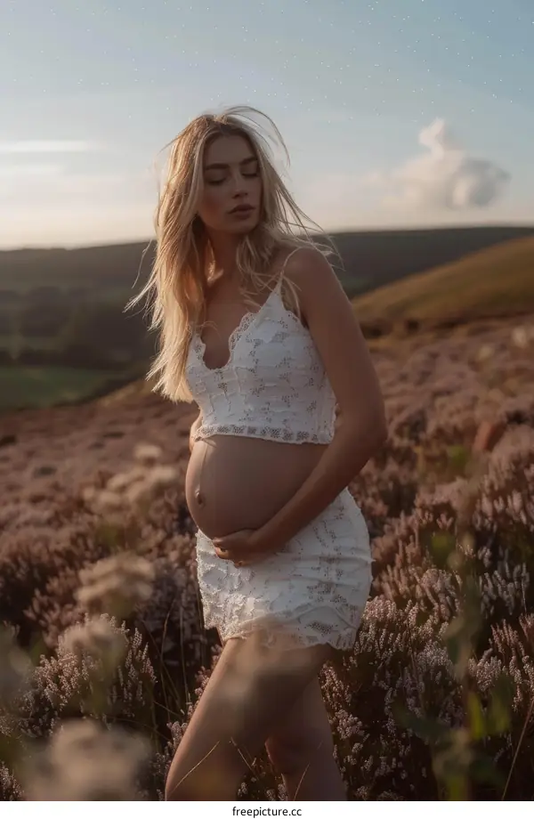 Pregnant woman standing in a field of flowers