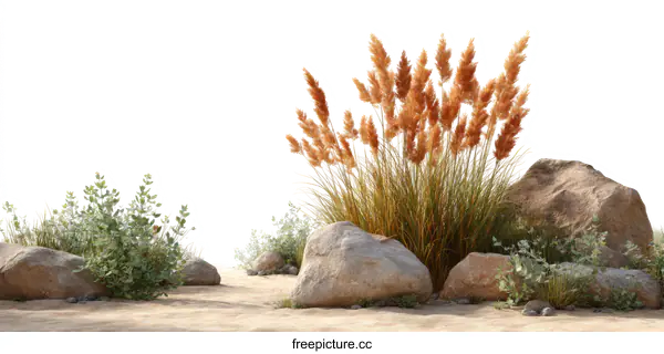 [Transparent Background PNG]Desert Plants and Rocks Illustration