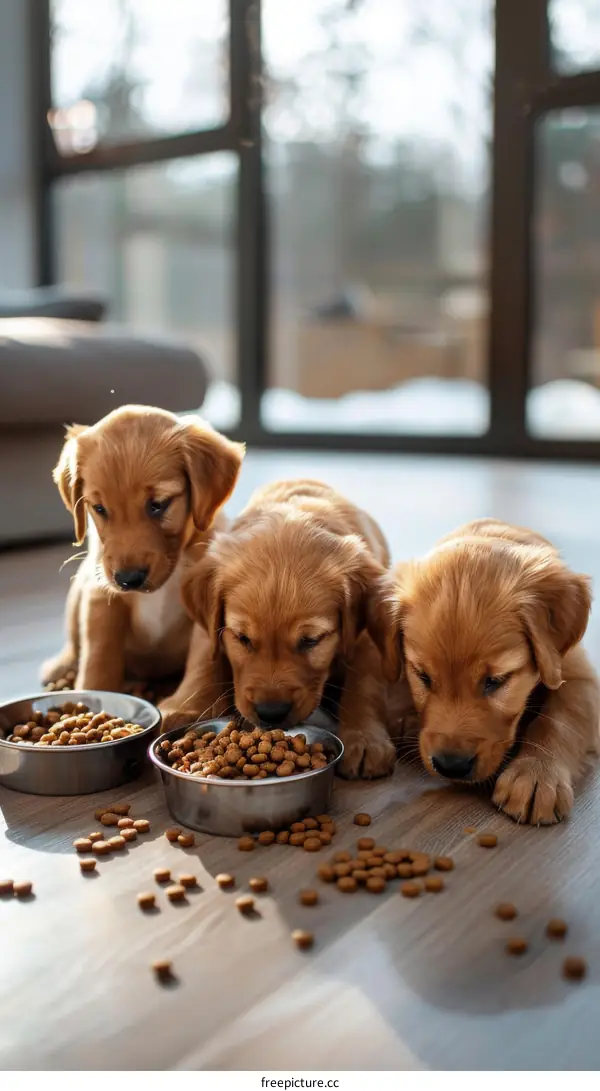Three Golden Retriever puppies eating food from bowls
