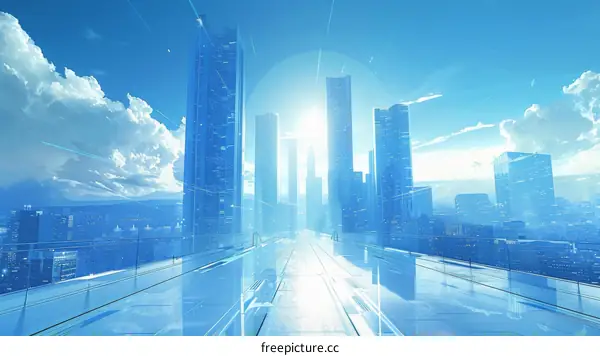 Futuristic Cityscape with Blue Skyscrapers and Clouds