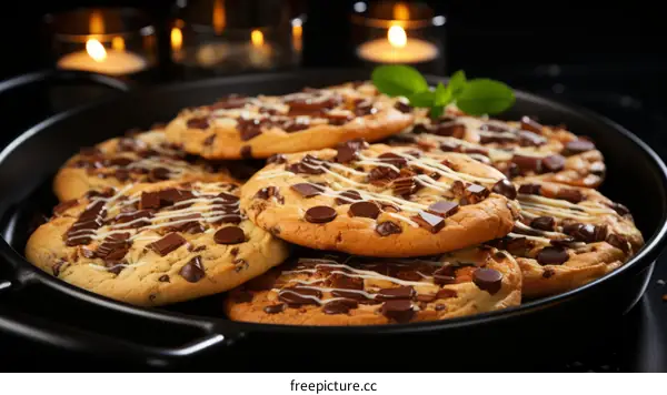 Close-up of chocolate chip cookies on a black plate