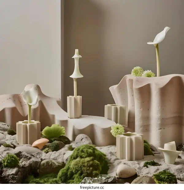 Abstract Still Life With White Flowers and Geometric Vases