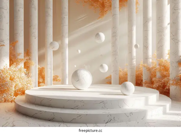 Abstract Minimalist Marble Stage with Floating Objects