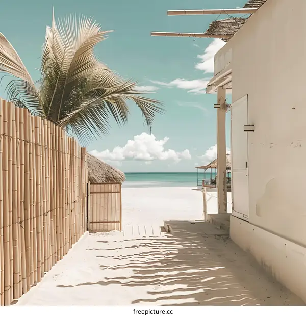 Tropical Beach View Through Bamboo Fence