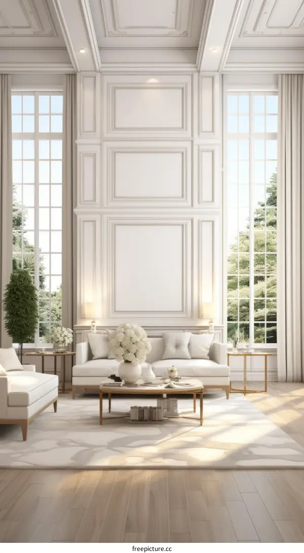 Bright and Airy Living Room With White Walls and Large Windows