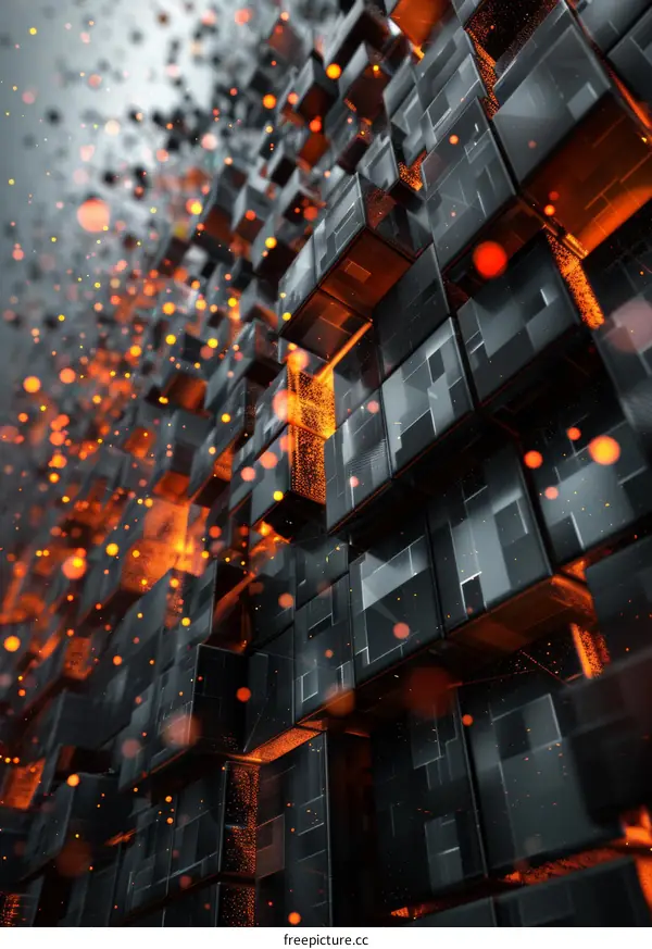 Glowing orange particles moving around black 3d cubes