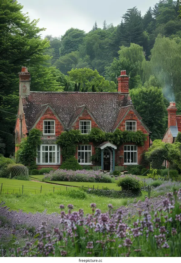 English countryside cottage with flowers in front yard