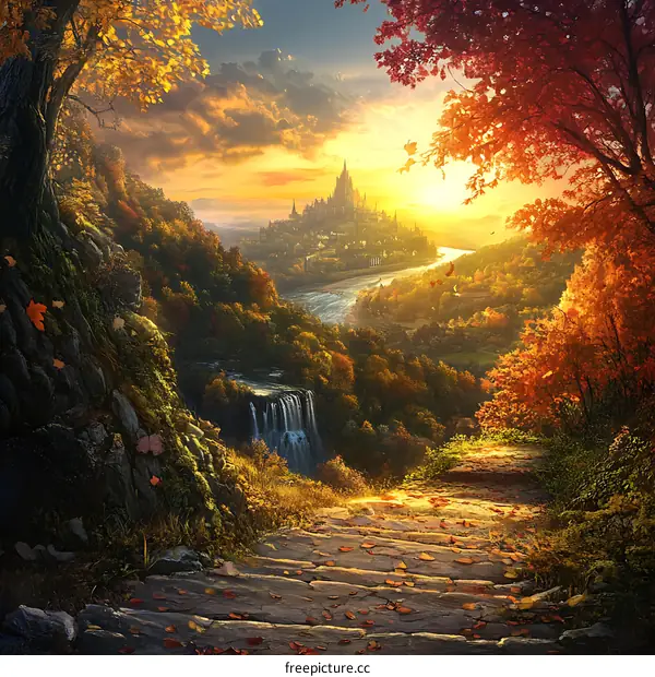 Fantasy Landscape with Waterfall and Sunset
