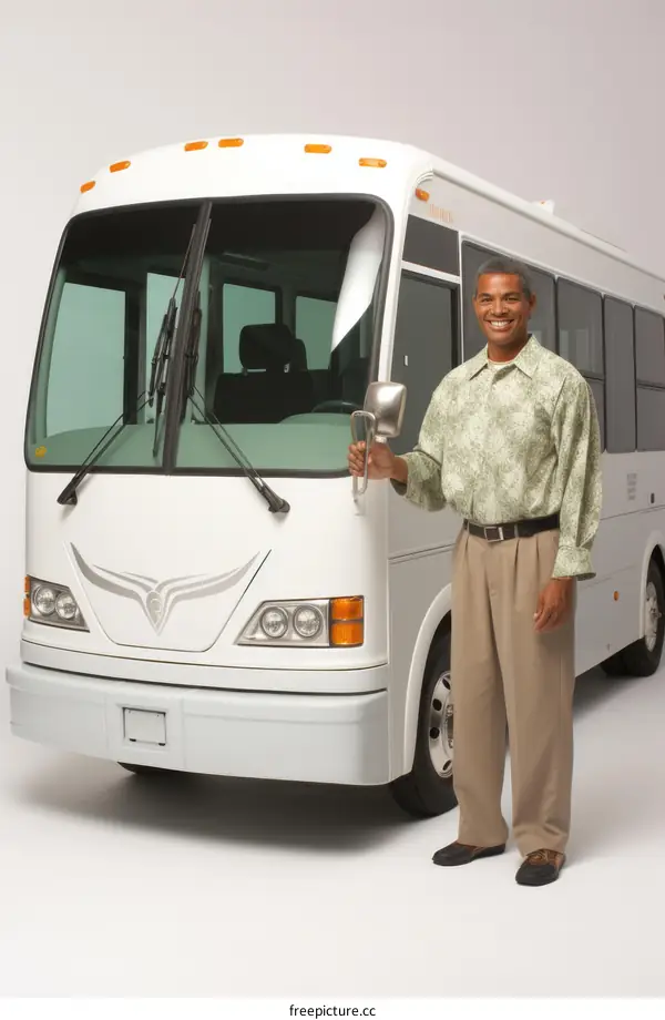 A smiling African-American man standing in front of a white bus