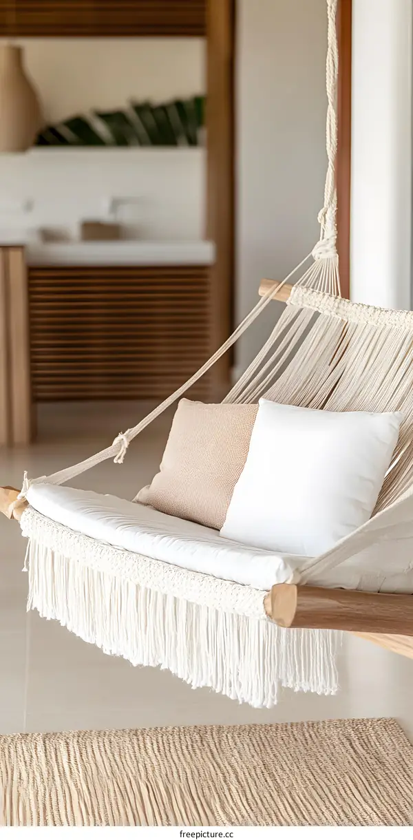 White Hammock With Fringe And Two Pillows