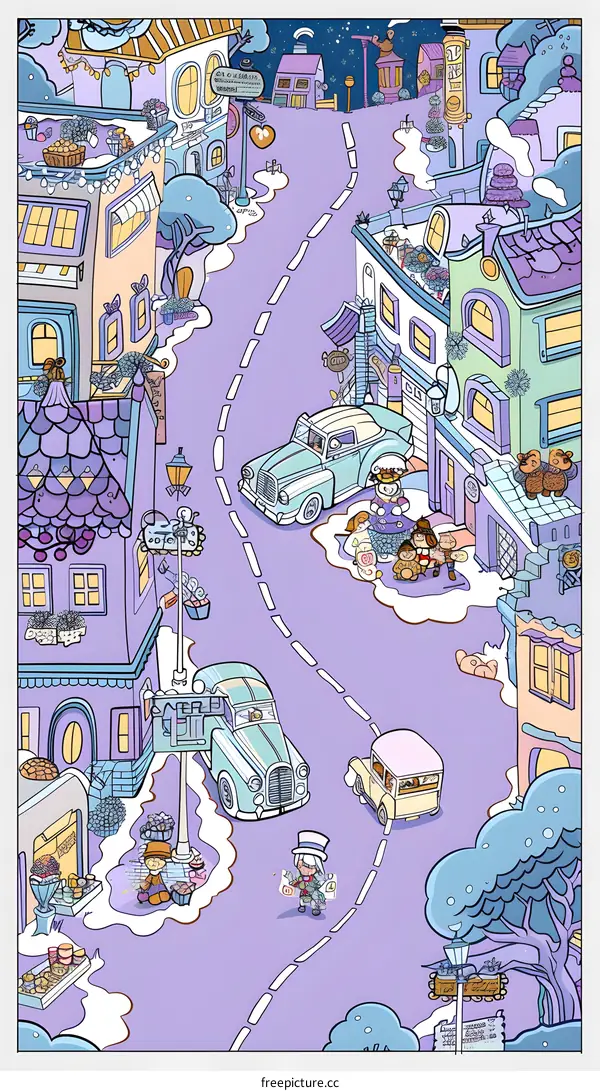 Cartoon Illustration of Cute Small Town With People