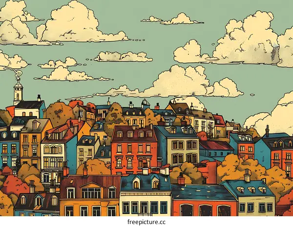 Vintage Illustration of Cityscape with Cloudy Sky