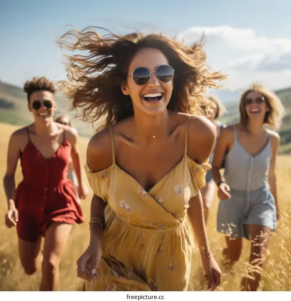 carefree women frolicking through a grassy field