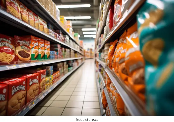 Supermarket aisle with shelves full of various packaged food products