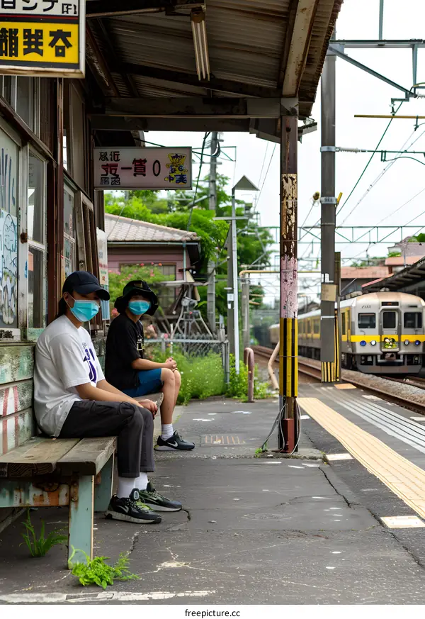Two Asian Men Wearing Masks Waiting at a Train Station