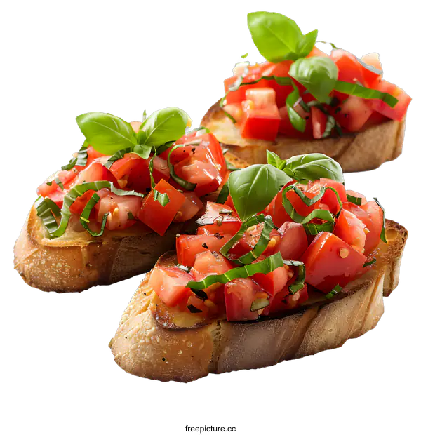 [Transparent Background PNG]Three slices of bruschetta with tomatoes and basil on a white background