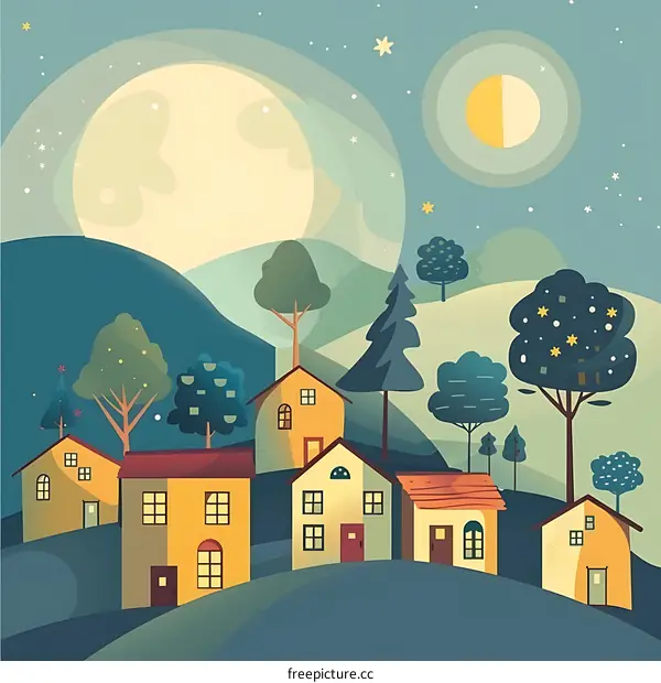 Nighttime Village Illustration with Full Moon and Stars