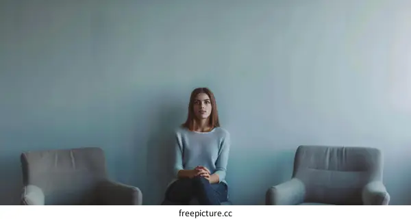 A young woman sits in a chair in front of a blank wall.
