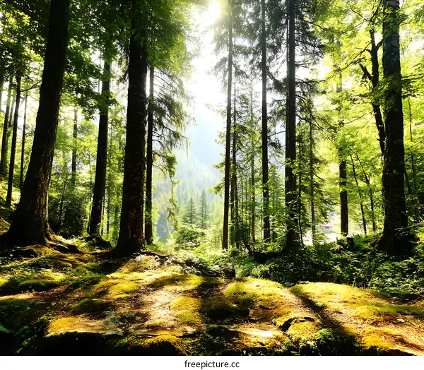 Sunlight Piercing Through Lush Forest Canopy
