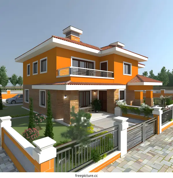 Modern Two Story House with Orange Exterior and Brick Accents